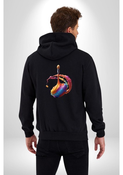 Resim Fırcası Kadın Erkek Siyah Renk Kapüşonlu Kanguru Cepli Fermuarlı Pamuklu Oversize Dijital Baskılı Hırka Sweatshirt fiyatları