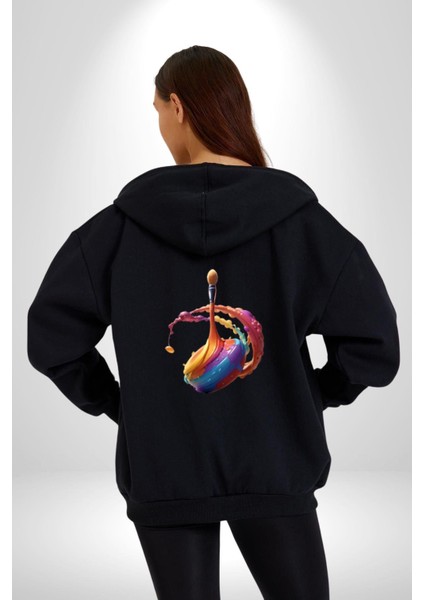 Resim Fırcası Kadın Erkek Siyah Renk Kapüşonlu Kanguru Cepli Fermuarlı Pamuklu Oversize Dijital Baskılı Hırka Sweatshirt modelleri