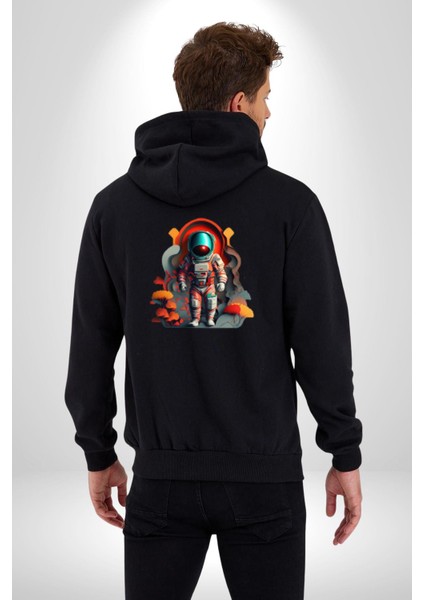 Astronot Yapay Zeka Yürüyüş Kadın Erkek Siyah Renk Kapüşonlu Kanguru Cepli Fermuarlı Pamuklu Oversize Dijital Baskılı Hırka Sweatshirt