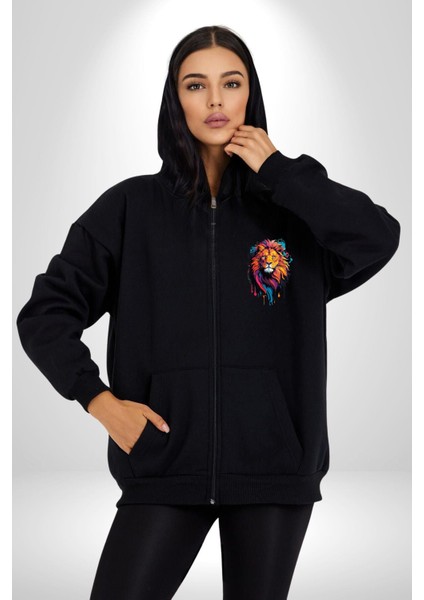 Renkli Yağlı Boya Aslan Kadın Erkek Siyah Renk Kapüşonlu Kanguru Cepli Fermuarlı Pamuklu Oversize Dijital Baskılı Hırka Sweatshirt