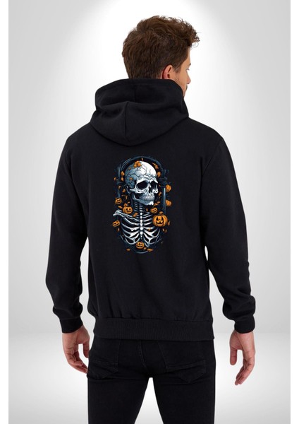 Cadılar Bayramı Kuru Kafa Kadın Erkek Siyah Renk Kapüşonlu Kanguru Cepli Fermuarlı Pamuklu Oversize Dijital Baskılı Hırka Sweatshirt