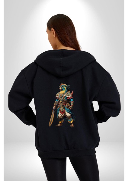 Oturan Kuş Efsanesi Kadın Erkek Siyah Renk Kapüşonlu Kanguru Cepli Fermuarlı Pamuklu Oversize Dijital Baskılı Hırka Sweatshirt