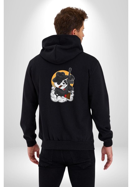 Gangster Panda Kadın Erkek Siyah Renk Kapüşonlu Kanguru Cepli Fermuarlı Pamuklu Oversize Dijital Baskılı Hırka Sweatshirt fiyatları