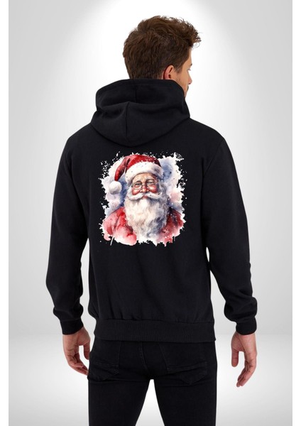 Mutlu Noel Baba Yeni Yıl Tasarımı Kadın Erkek Siyah Renk Kapüşonlu Kanguru Cepli Fermuarlı Pamuklu Oversize Dijital Baskılı Hırka Sweatshirt fiyatları