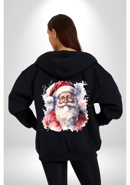 Mutlu Noel Baba Yeni Yıl Tasarımı Kadın Erkek Siyah Renk Kapüşonlu Kanguru Cepli Fermuarlı Pamuklu Oversize Dijital Baskılı Hırka Sweatshirt modelleri