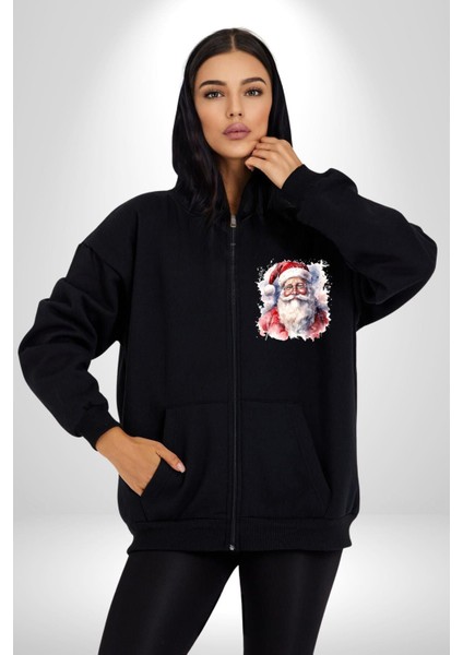 Mutlu Noel Baba Yeni Yıl Tasarımı Kadın Erkek Siyah Renk Kapüşonlu Kanguru Cepli Fermuarlı Pamuklu Oversize Dijital Baskılı Hırka Sweatshirt indirimleri