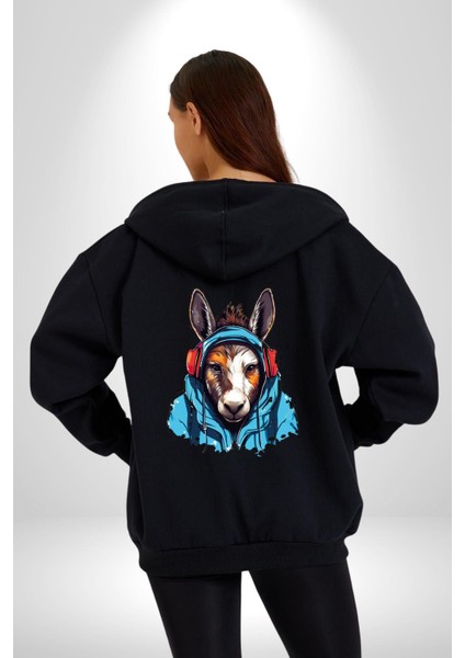 Kulaklıklı Eşşek Müzik Dinlerken Kadın Erkek Siyah Renk Kapüşonlu Kanguru Cepli Fermuarlı Pamuklu Oversize Dijital Baskılı Hırka Sweatshirt