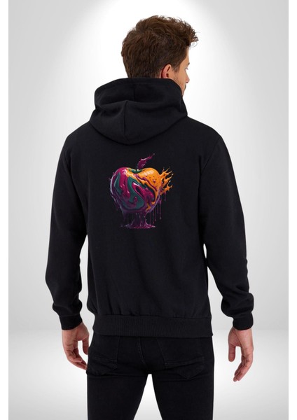 Yağlı Boya Elma Kadın Erkek Siyah Renk Kapüşonlu Kanguru Cepli Fermuarlı Pamuklu Oversize Dijital Baskılı Hırka Sweatshirt