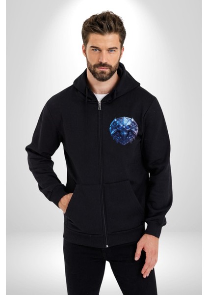 Kuru Kafa Kalkan Koruma Kadın Erkek Siyah Renk Kapüşonlu Kanguru Cepli Fermuarlı Pamuklu Oversize Dijital Baskılı Hırka Sweatshirt