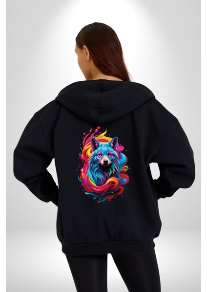 Renkli Kurt Kadın Erkek Siyah Renk Kapüşonlu Kanguru Cepli Fermuarlı Pamuklu Oversize Dijital Baskılı Hırka Sweatshirt modelleri
