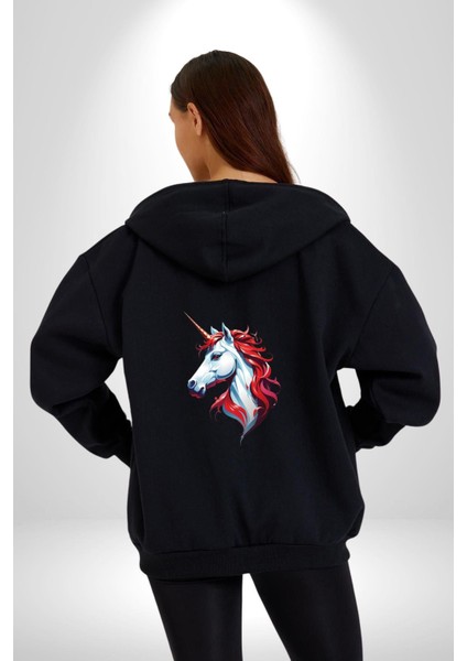 Unicorn Tek Boynuzlu At Kadın Erkek Siyah Renk Kapüşonlu Kanguru Cepli Fermuarlı Pamuklu Oversize Dijital Baskılı Hırka Sweatshirt