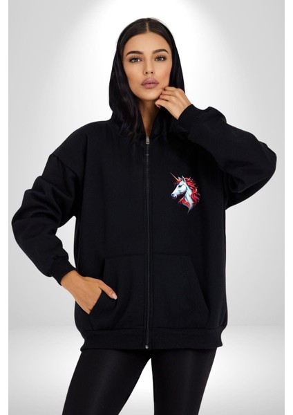Unicorn Tek Boynuzlu At Kadın Erkek Siyah Renk Kapüşonlu Kanguru Cepli Fermuarlı Pamuklu Oversize Dijital Baskılı Hırka Sweatshirt