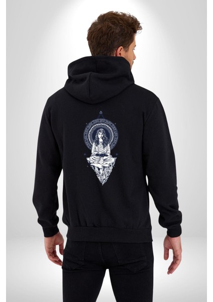 Falcı Meditasyon Yoga Dağın Üstünde Kadın Erkek Siyah Renk Kapüşonlu Kanguru Cepli Fermuarlı Pamuklu Oversize Dijital Baskılı Hırka Sweatshirt