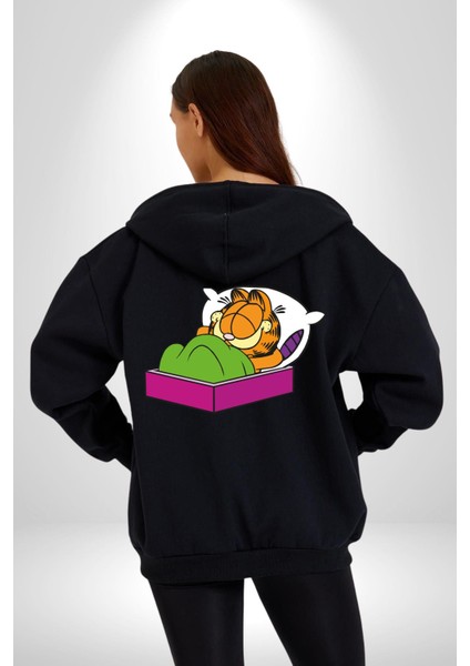 Garfield Uyku Kadın Erkek Siyah Kapüşonlu Fermuarlı Baskılı Hırka Sweatshirt