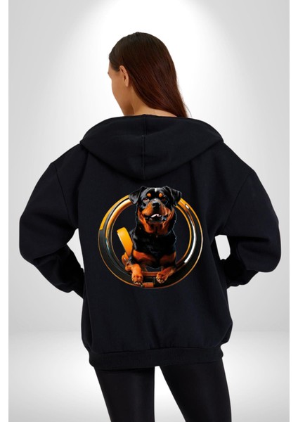 Süper Tasma Rottweiler Eğitim Kadın Erkek Siyah Renk Kapüşonlu Kanguru Cepli  Fermuarlı Pamuklu Oversize Dijital Baskılı Hırka Sweatshirt