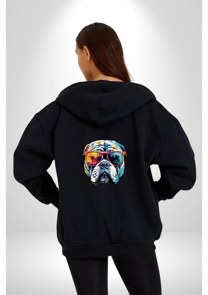 Bull Terier Köpek Gözlük Renkli Kadın Erkek Siyah Renk Kapüşonlu Kanguru Cepli Fermuarlı Pamuklu Oversize Dijital Baskılı Hırka Sweatshirt