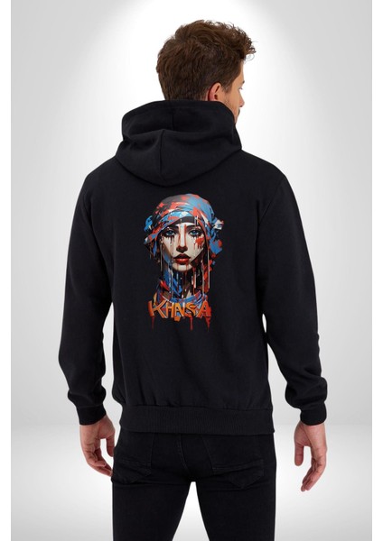 Khansa Eşarp Kadın Tasarımı Kadın Erkek Siyah Renk Kapüşonlu Kanguru Cepli Fermuarlı Pamuklu Oversize Dijital Baskılı Hırka Sweatshirt