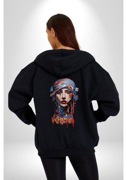 Khansa Eşarp Kadın Tasarımı Kadın Erkek Siyah Renk Kapüşonlu Kanguru Cepli Fermuarlı Pamuklu Oversize Dijital Baskılı Hırka Sweatshirt