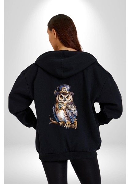 Şapkalı Amerikalı Baykuş Burjuva Baykuş Kadın Erkek Siyah Renk Kapüşonlu Kanguru Cepli Fermuarlı Pamuklu Oversize Dijital Baskılı Hırka Sweatshirt modelleri