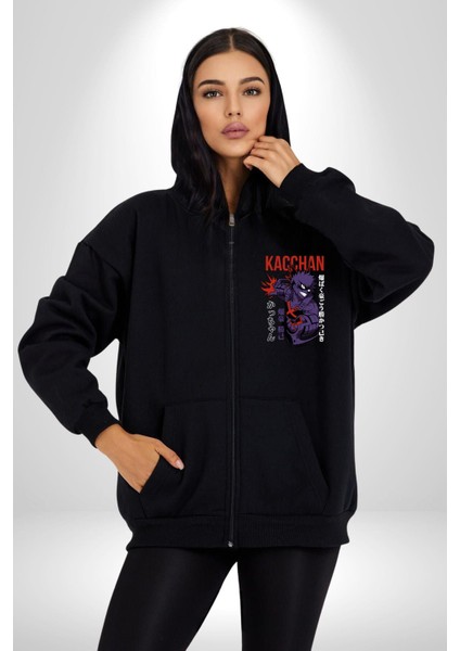 Kasuki Bakugo Anime Kadın Erkek Siyah Kapüşonlu Fermuarlı Baskılı Hırka Sweatshirt