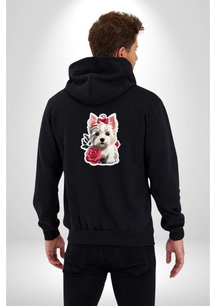 Beyaz Highland Teriyeri Kırmızı Gül Kadın Erkek Siyah Renk Kapüşonlu Kanguru Cepli Fermuarlı Pamuklu Oversize Dijital Baskılı Hırka Sweatshirt fiyatları