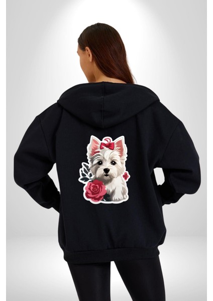 Beyaz Highland Teriyeri Kırmızı Gül Kadın Erkek Siyah Renk Kapüşonlu Kanguru Cepli Fermuarlı Pamuklu Oversize Dijital Baskılı Hırka Sweatshirt modelleri