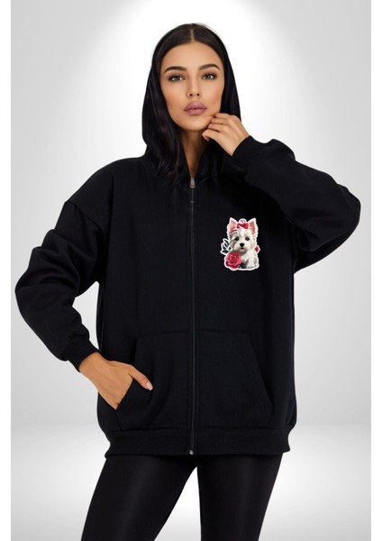 Beyaz Highland Teriyeri Kırmızı Gül Kadın Erkek Siyah Renk Kapüşonlu Kanguru Cepli Fermuarlı Pamuklu Oversize Dijital Baskılı Hırka Sweatshirt indirimleri