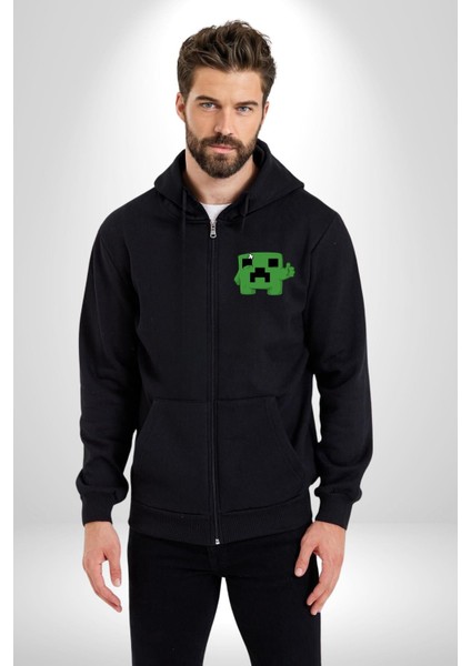 Minecraft Creeper Kadın Erkek Siyah Kapüşonlu Fermuarlı Baskılı Hırka Sweatshirt