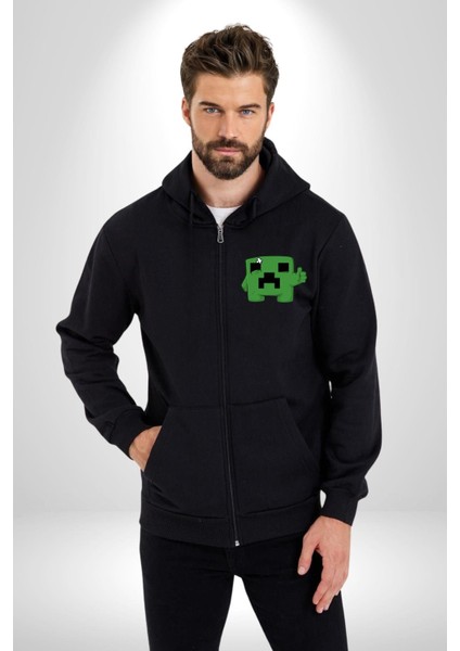 Minecraft Creeper Kadın Erkek Siyah Kapüşonlu Fermuarlı Baskılı Hırka Sweatshirt