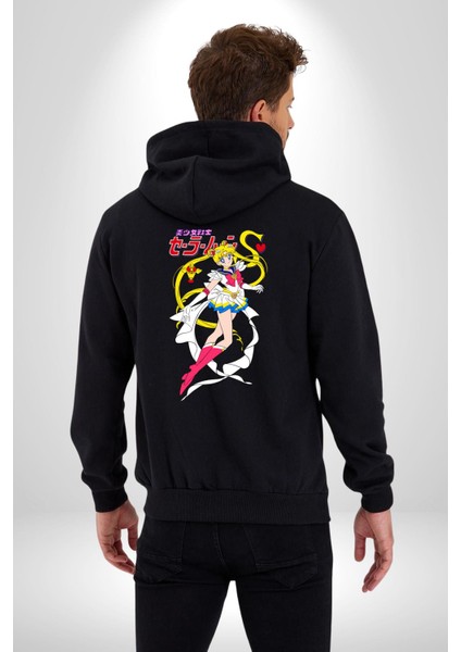 Sailor Moon Anime Usagi Tsukino Kadın Erkek Siyah Kapüşonlu Fermuarlı Baskılı Hırka Sweatshirt