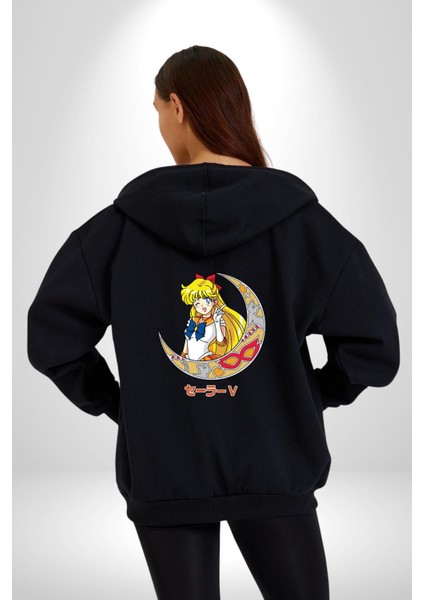 Sailor Moon Ay Savaşcısı Anime Kadın Erkek Siyah Kapüşonlu Fermuarlı Baskılı Hırka Sweatshirt
