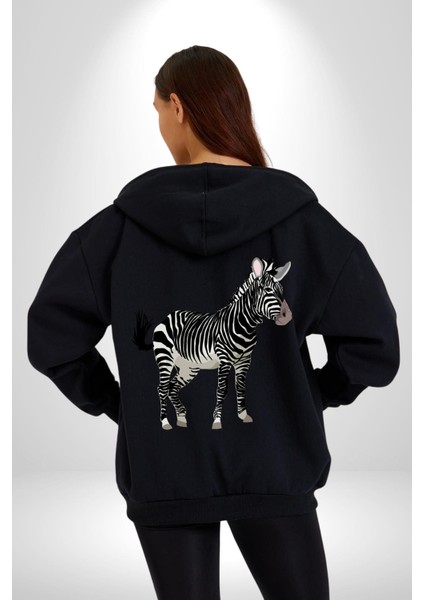 Zürafa Kadın Erkek Siyah Kapüşonlu Fermuarlı Baskılı Hırka Sweatshirt