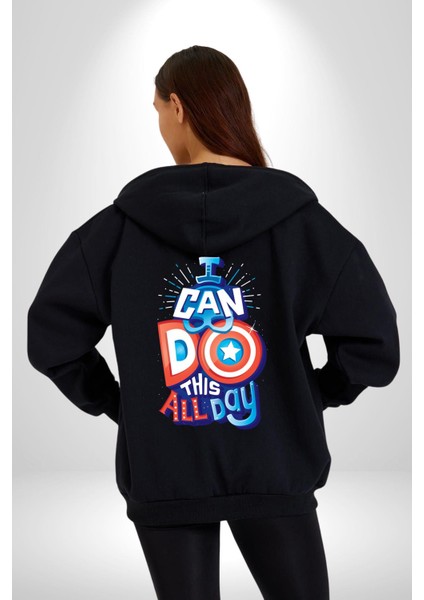 Bunu Bütün Gün Yapabilirim Kaptan America Kadın Erkek Siyah Kapüşonlu Fermuarlı Baskılı Hırka Sweatshirt