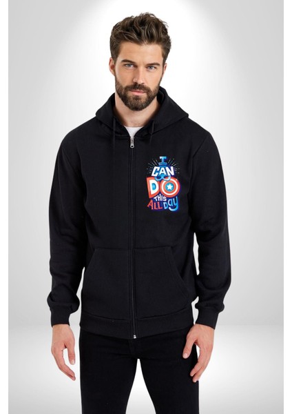 Bunu Bütün Gün Yapabilirim Kaptan America Kadın Erkek Siyah Kapüşonlu Fermuarlı Baskılı Hırka Sweatshirt