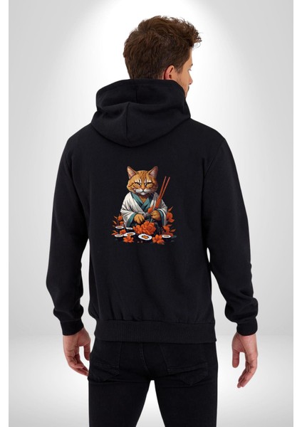 Suşi Balık Çiçek Japon Kedi Kadın Erkek Siyah Renk Kapüşonlu Kanguru Cepli Fermuarlı Pamuklu Oversize Dijital Baskılı Hırka Sweatshirt fiyatları