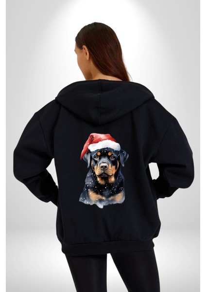 Yeni Yıl Noel Rottweiler Kadın Erkek Siyah Renk Kapüşonlu Kanguru Cepli Fermuarlı Pamuklu Oversize Dijital Baskılı Hırka Sweatshirt modelleri