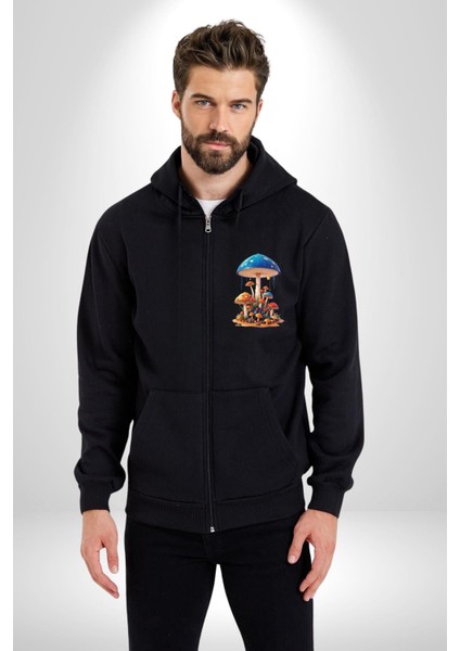 Renkli Mantar Süsler Kadın Erkek Siyah Renk Kapüşonlu Kanguru Cepli Fermuarlı Pamuklu Oversize Dijital Baskılı Hırka Sweatshirt