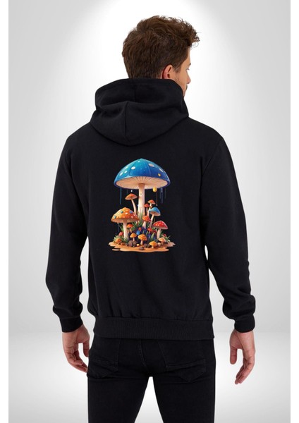 Renkli Mantar Süsler Kadın Erkek Siyah Renk Kapüşonlu Kanguru Cepli Fermuarlı Pamuklu Oversize Dijital Baskılı Hırka Sweatshirt