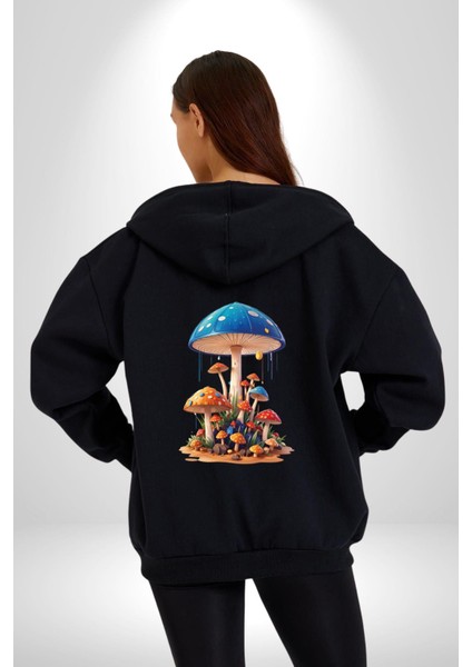 Renkli Mantar Süsler Kadın Erkek Siyah Renk Kapüşonlu Kanguru Cepli Fermuarlı Pamuklu Oversize Dijital Baskılı Hırka Sweatshirt