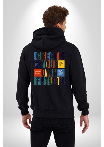 Geleçeği Seninle Planlayalım Kadın Erkek Siyah Renk Kapüşonlu Kanguru Cepli Fermuarlı Pamuklu Oversize Dijital Baskılı Hırka Sweatshirt