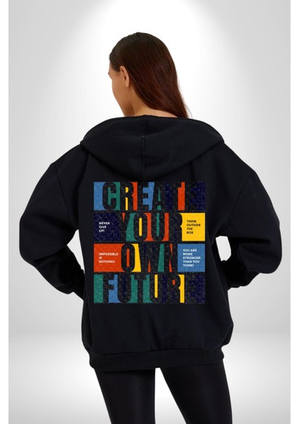 Geleçeği Seninle Planlayalım Kadın Erkek Siyah Renk Kapüşonlu Kanguru Cepli Fermuarlı Pamuklu Oversize Dijital Baskılı Hırka Sweatshirt