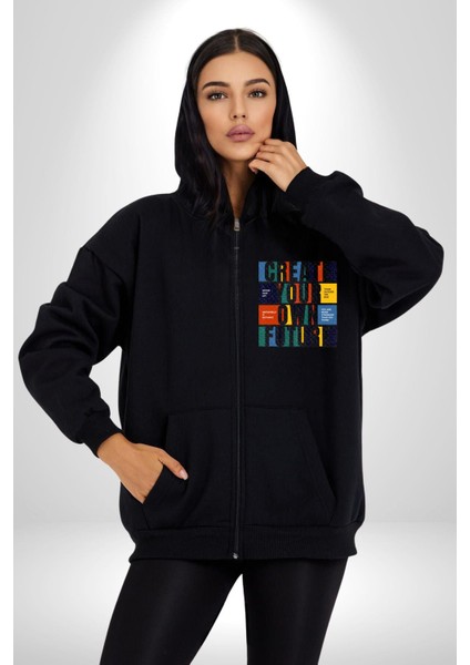 Geleçeği Seninle Planlayalım Kadın Erkek Siyah Renk Kapüşonlu Kanguru Cepli Fermuarlı Pamuklu Oversize Dijital Baskılı Hırka Sweatshirt