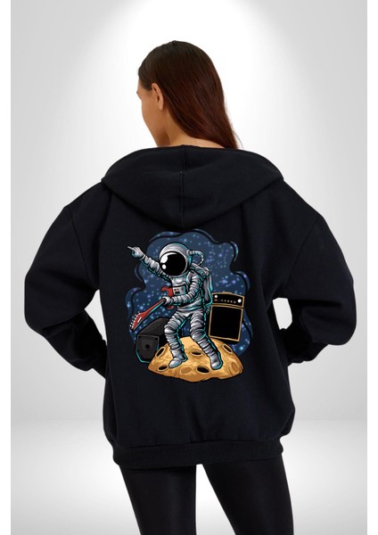 Gitar Astronot Müzik Uzay Kadın Erkek Siyah Renk Kapüşonlu Kanguru Cepli Fermuarlı Pamuklu Oversize Dijital Baskılı Hırka Sweatshirt modelleri