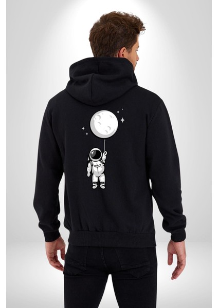 Astronot Ay Balon Kadın Erkek Siyah Renk Kapüşonlu Kanguru Cepli Fermuarlı Pamuklu Oversize Dijital Baskılı Hırka Sweatshirt