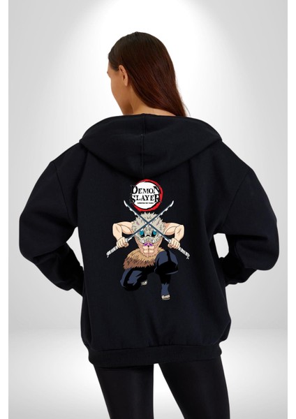 Anime Inosuke Hashibira Demon Slayer Kadın Erkek Siyah Kapüşonlu Fermuarlı Baskılı Hırka Sweatshirt fırsatları
