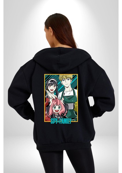 Spy x Family Anime Özel Tasarım Kadın Erkek Siyah Kapüşonlu Fermuarlı Baskılı Hırka Sweatshirt fırsatları