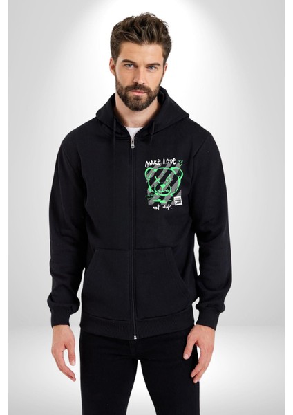 Savaşma Teddy Bear Kadın Erkek Siyah Kapüşonlu Fermuarlı Baskılı Hırka Sweatshirt