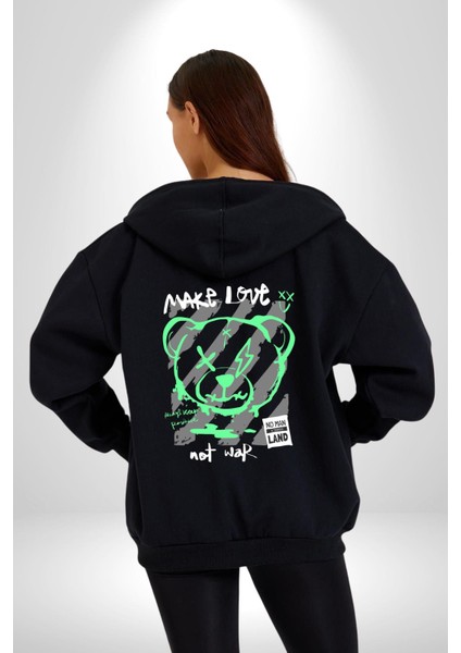 Savaşma Teddy Bear Kadın Erkek Siyah Kapüşonlu Fermuarlı Baskılı Hırka Sweatshirt fırsatları