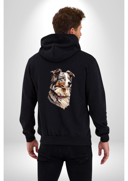 Australian Shepherd Köpek  Kadın Erkek Siyah Renk Kapüşonlu Kanguru Cepli  Fermuarlı Pamuklu Oversize Dijital Baskılı Hırka Sweatshirt