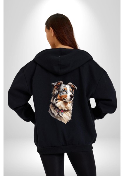 Australian Shepherd Köpek  Kadın Erkek Siyah Renk Kapüşonlu Kanguru Cepli  Fermuarlı Pamuklu Oversize Dijital Baskılı Hırka Sweatshirt